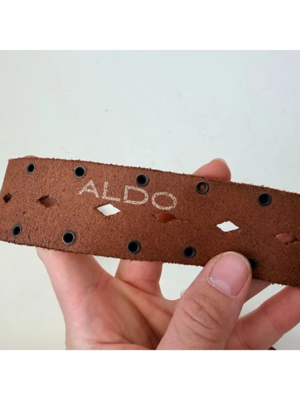 Aldo Y2K Western Boho Distressed Leather Belt Rhinestone Buckle Studded Brown
